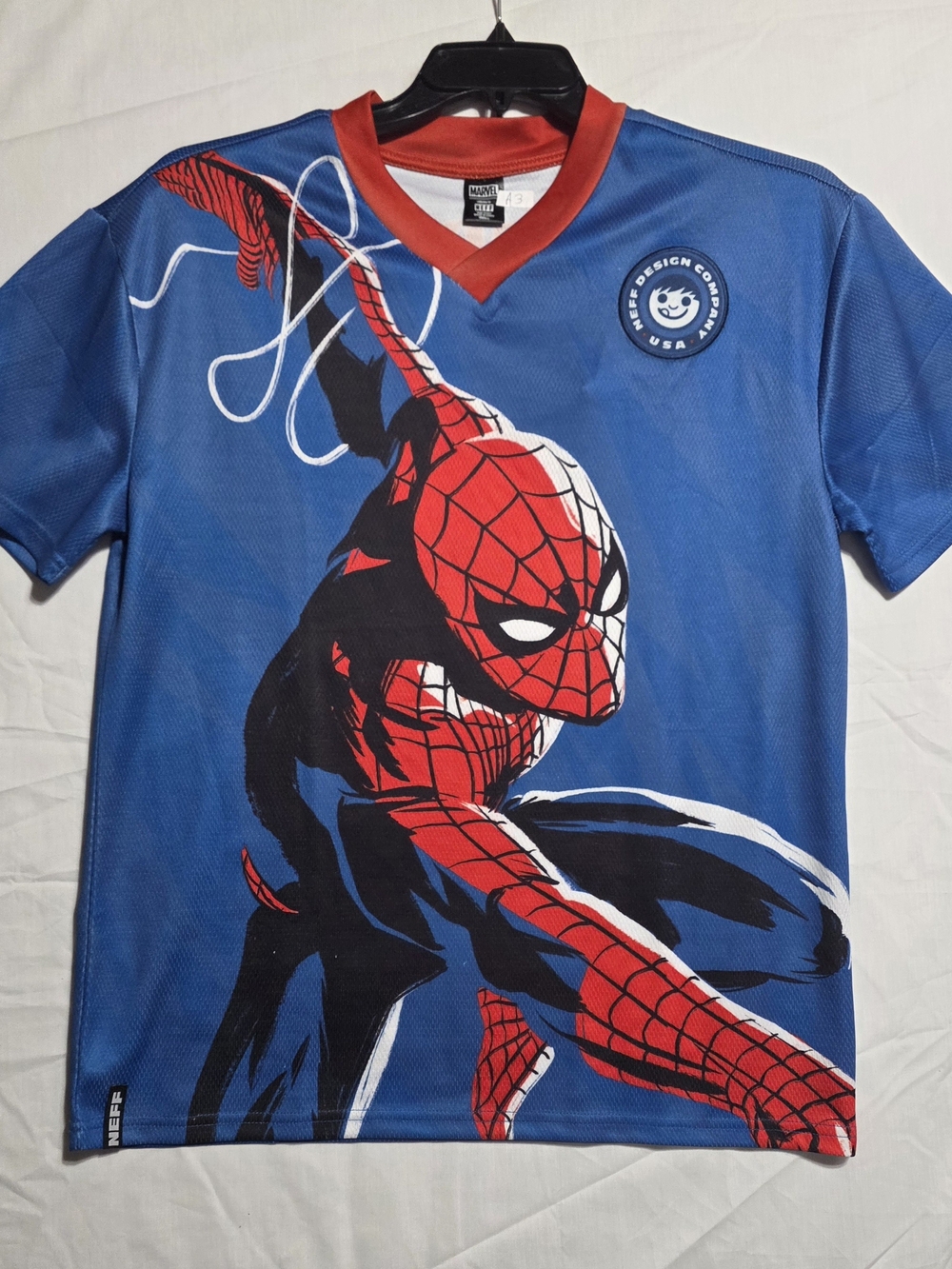 Neff Blue and Red Spider-Man Graphic V-Neck Jersey, Size S.